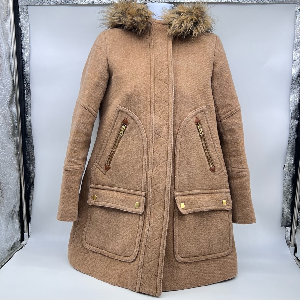 J. Crew Italian Stadium Cloth Nello  Cori Tan Coat with Faux Fur Trim-Size 00